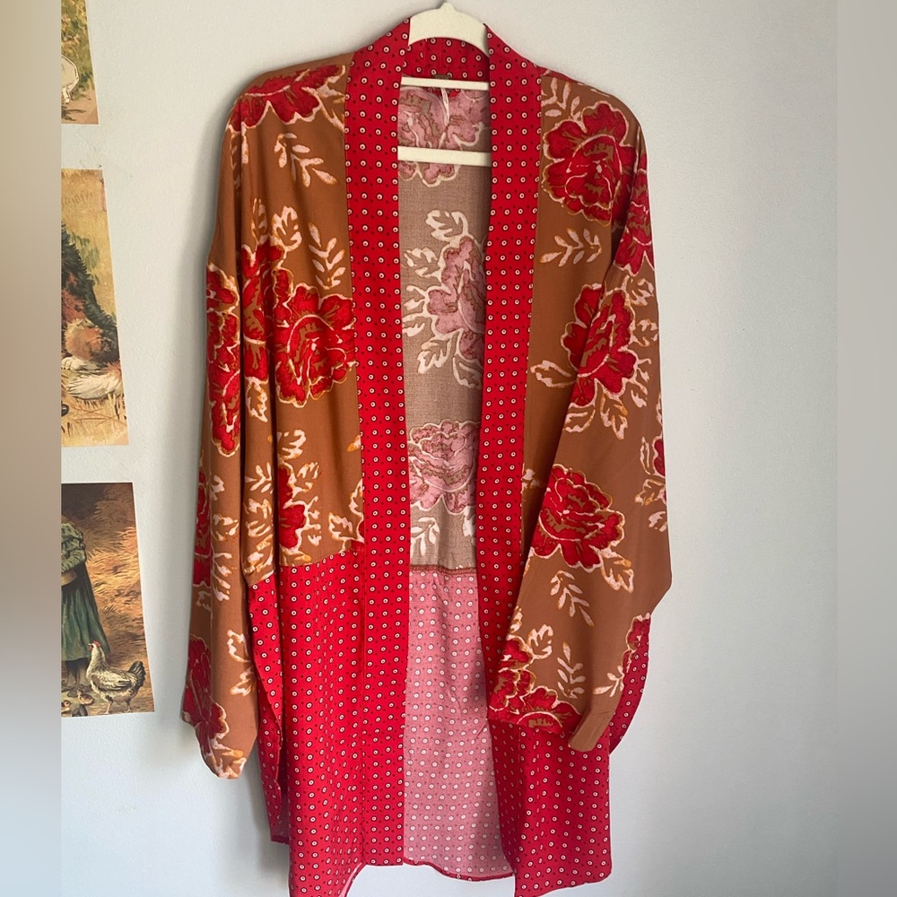 Free People Red and Brown Floral Kimono Top